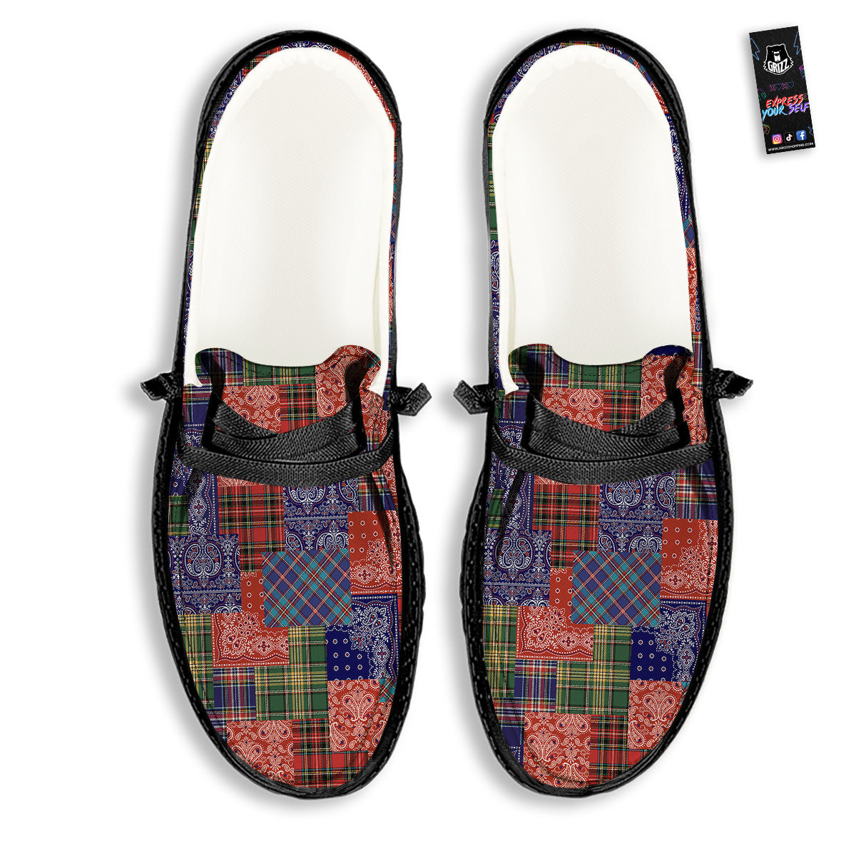 Patchwork Tartan And Bandana Print Pattern Black Loafers-grizzshop