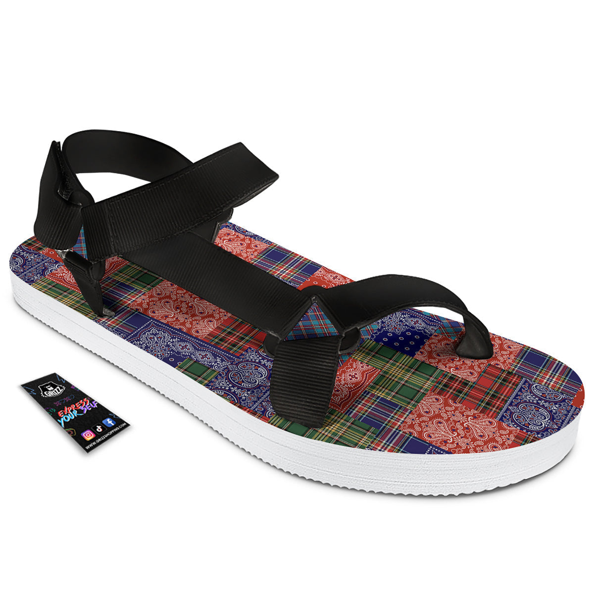 Patchwork Tartan And Bandana Print Pattern Black Open Toe Sandals-grizzshop