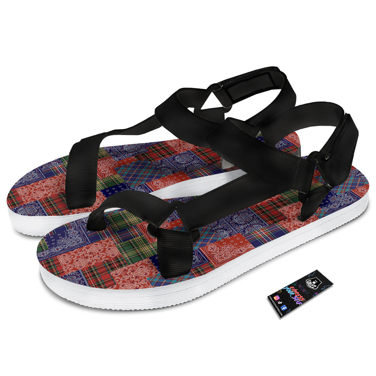 Patchwork Tartan And Bandana Print Pattern Black Open Toe Sandals-grizzshop