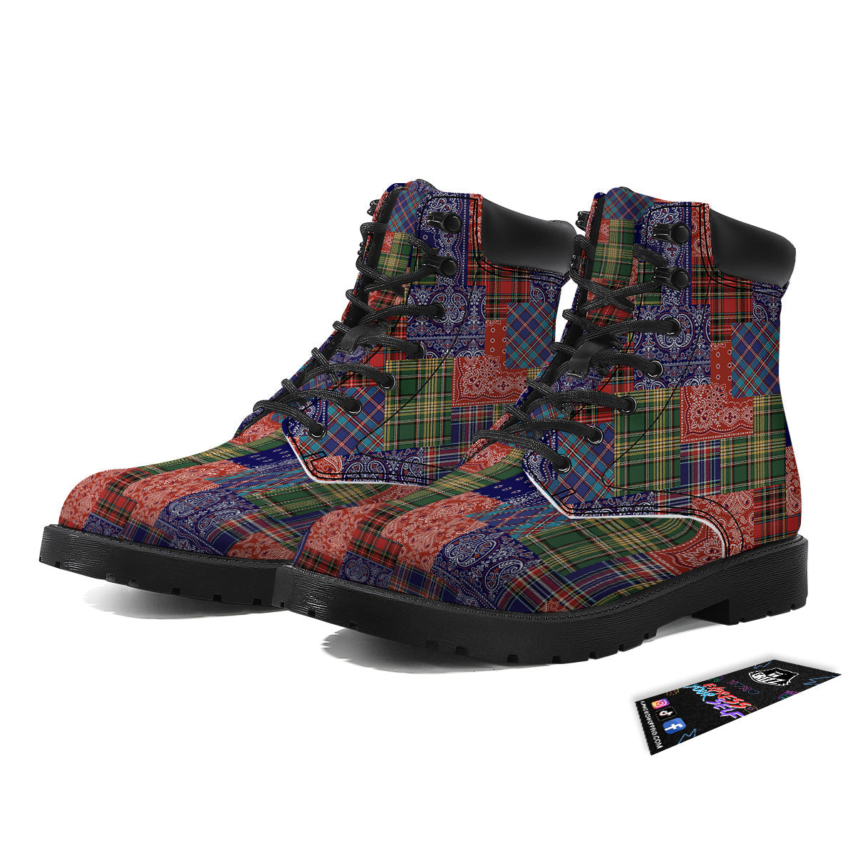 Patchwork Tartan And Bandana Print Pattern Boots-grizzshop