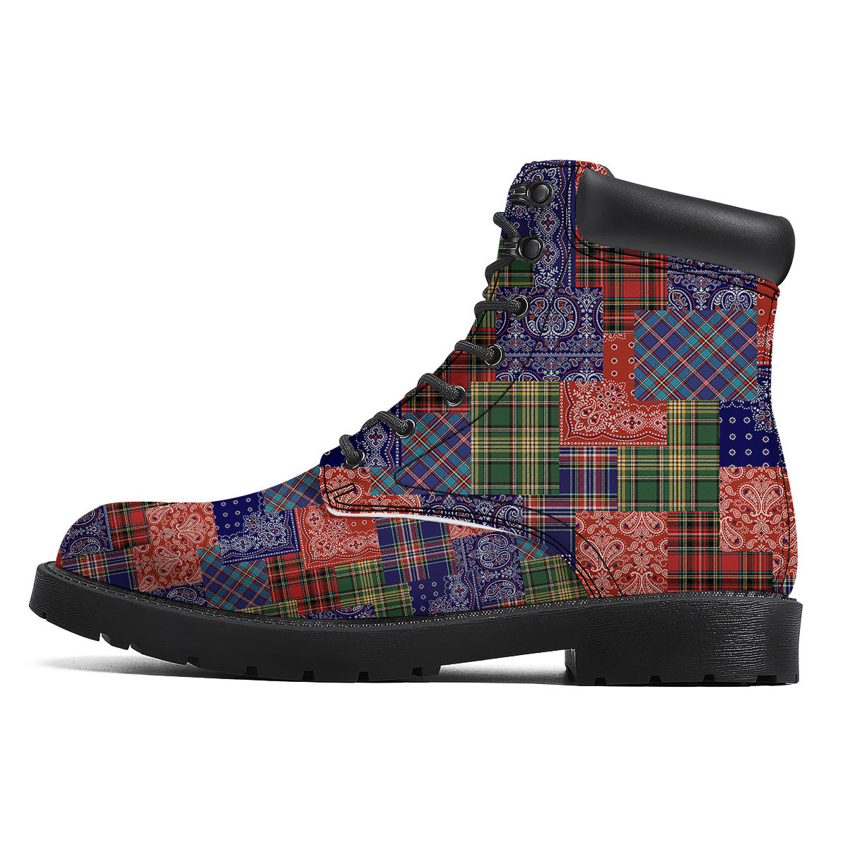 Patchwork Tartan And Bandana Print Pattern Boots-grizzshop