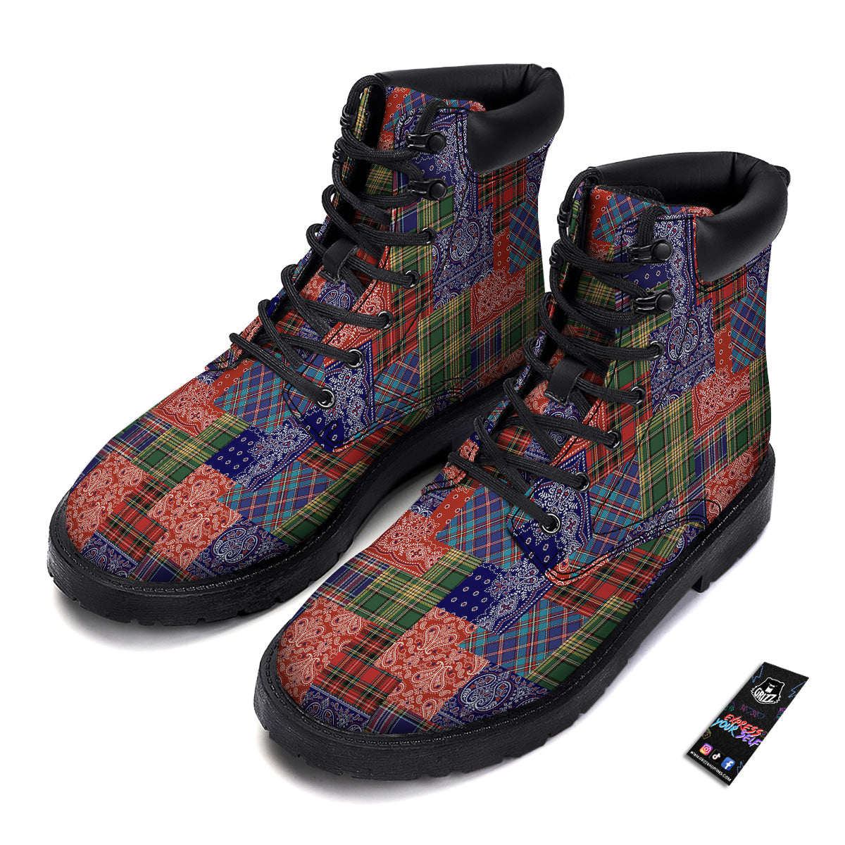 Patchwork Tartan And Bandana Print Pattern Boots-grizzshop