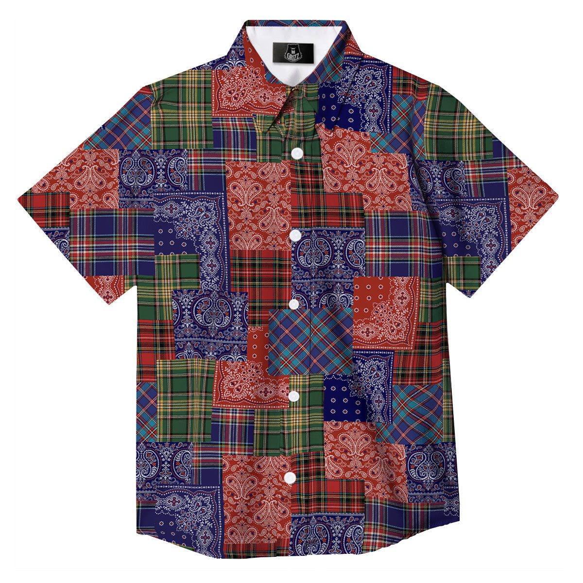 Patchwork Tartan And Bandana Print Pattern Button Up Shirt-grizzshop