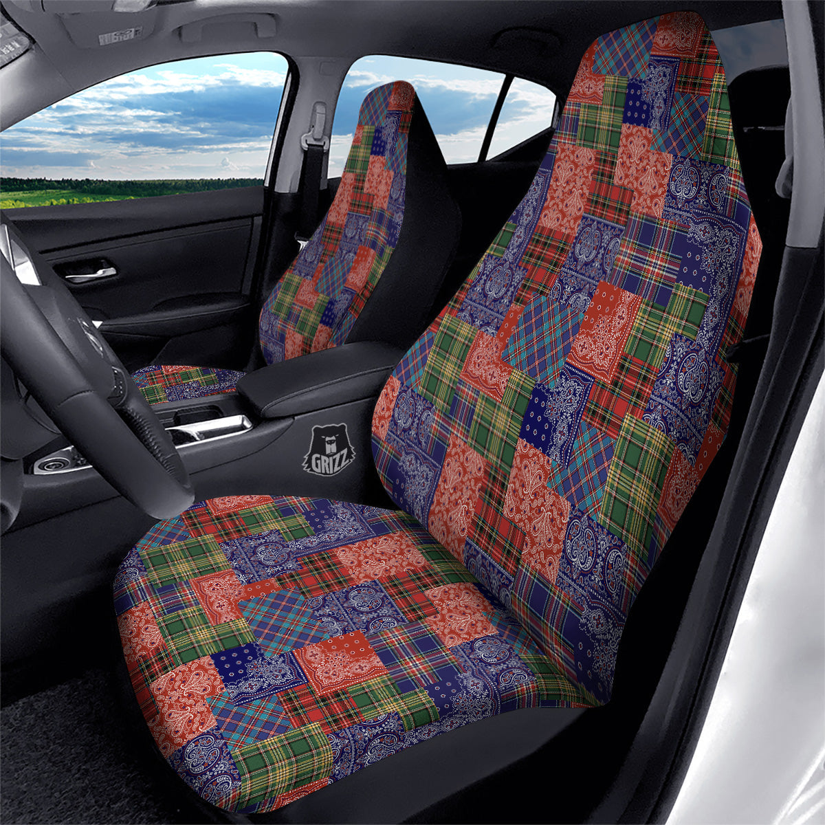 Patchwork Tartan And Bandana Print Pattern Car Seat Covers-grizzshop