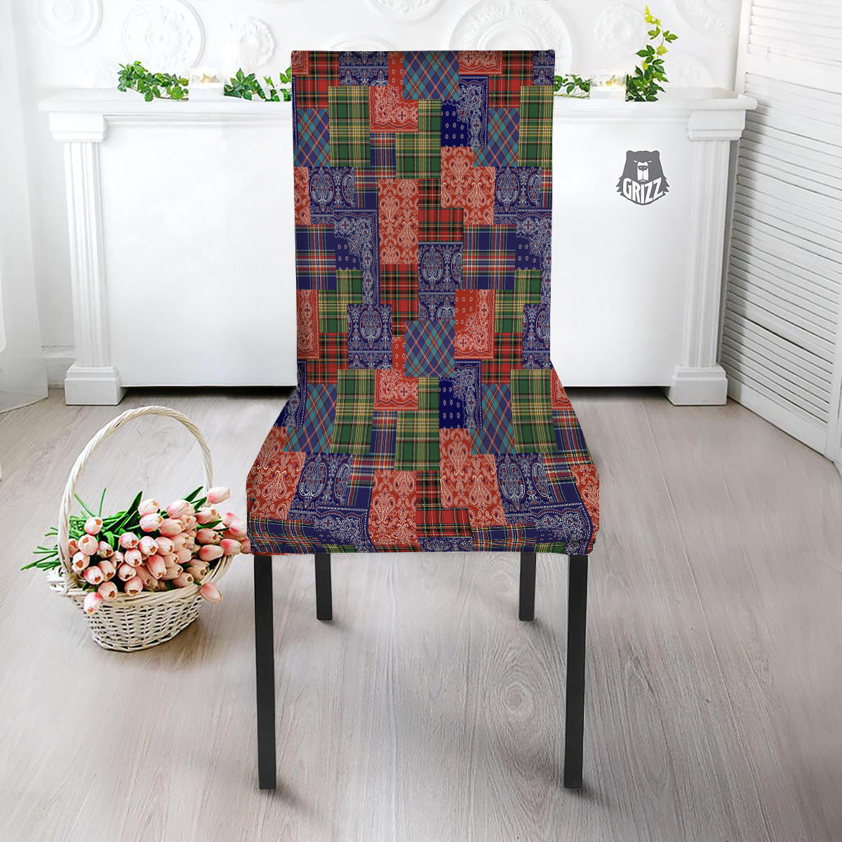 Patchwork Tartan And Bandana Print Pattern Dining Chair Slipcover-grizzshop