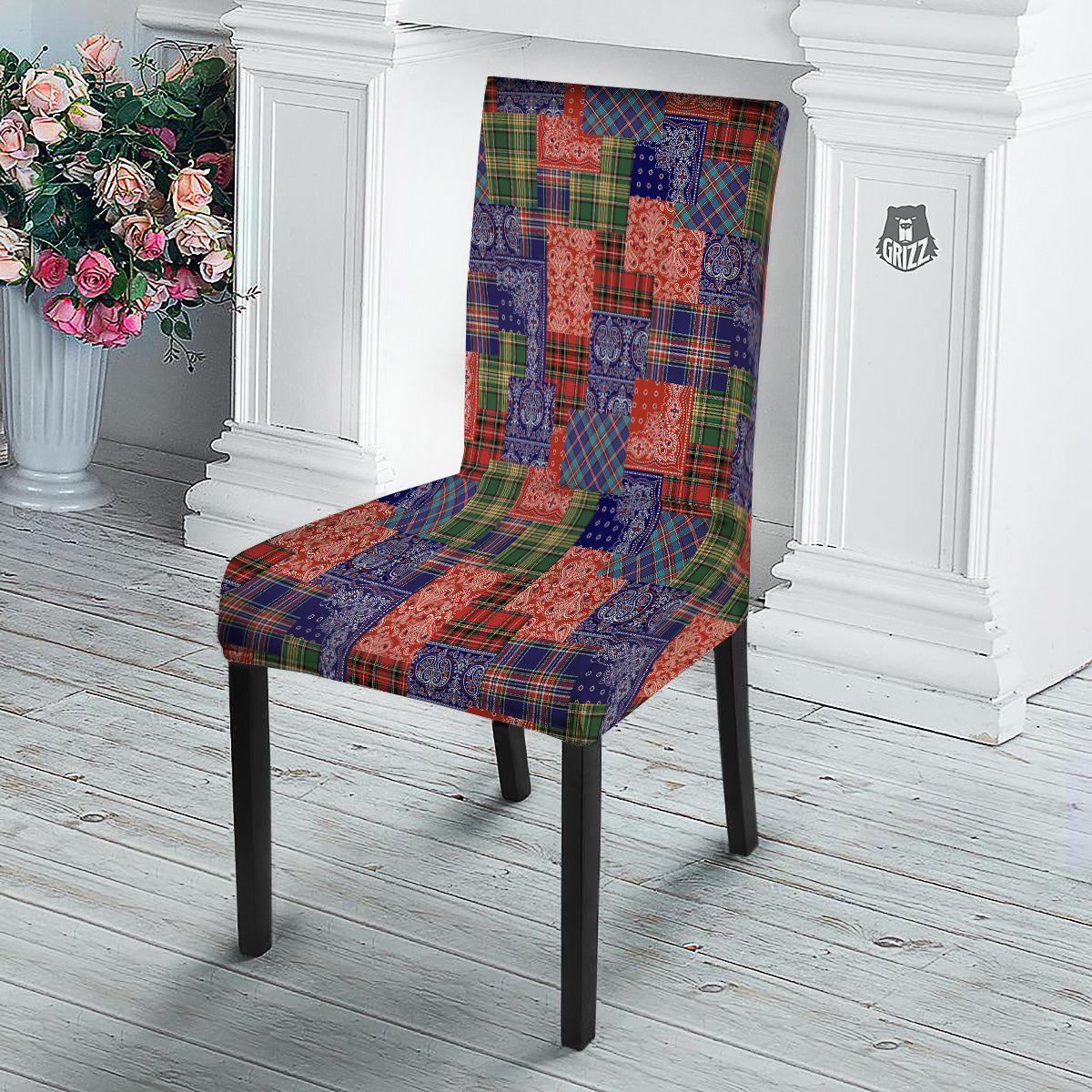 Patchwork Tartan And Bandana Print Pattern Dining Chair Slipcover-grizzshop