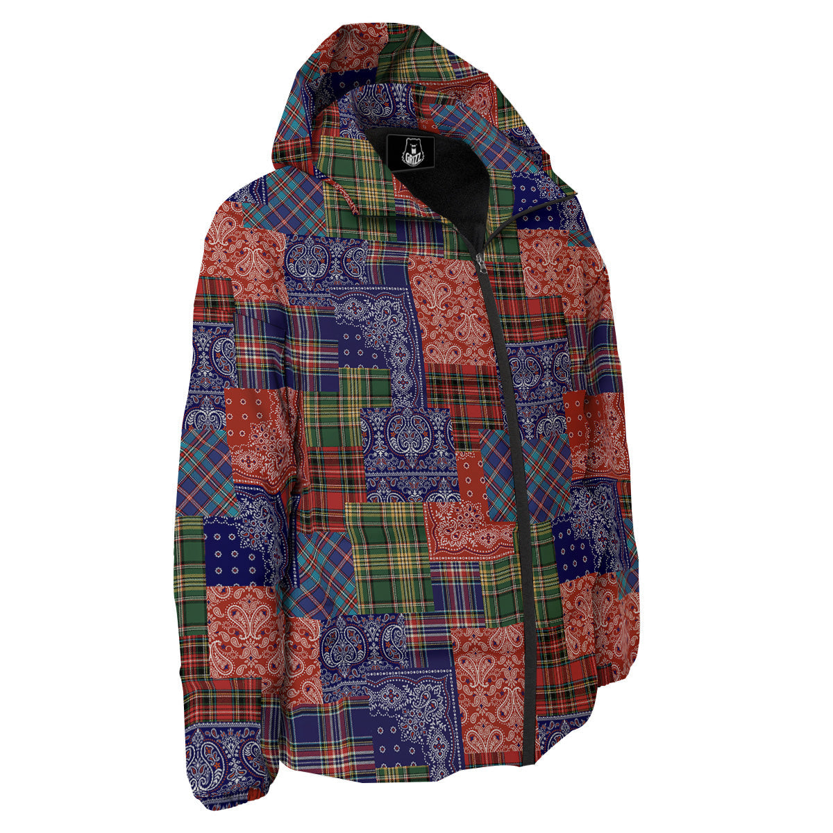 Patchwork Tartan And Bandana Print Pattern Down Jacket-grizzshop