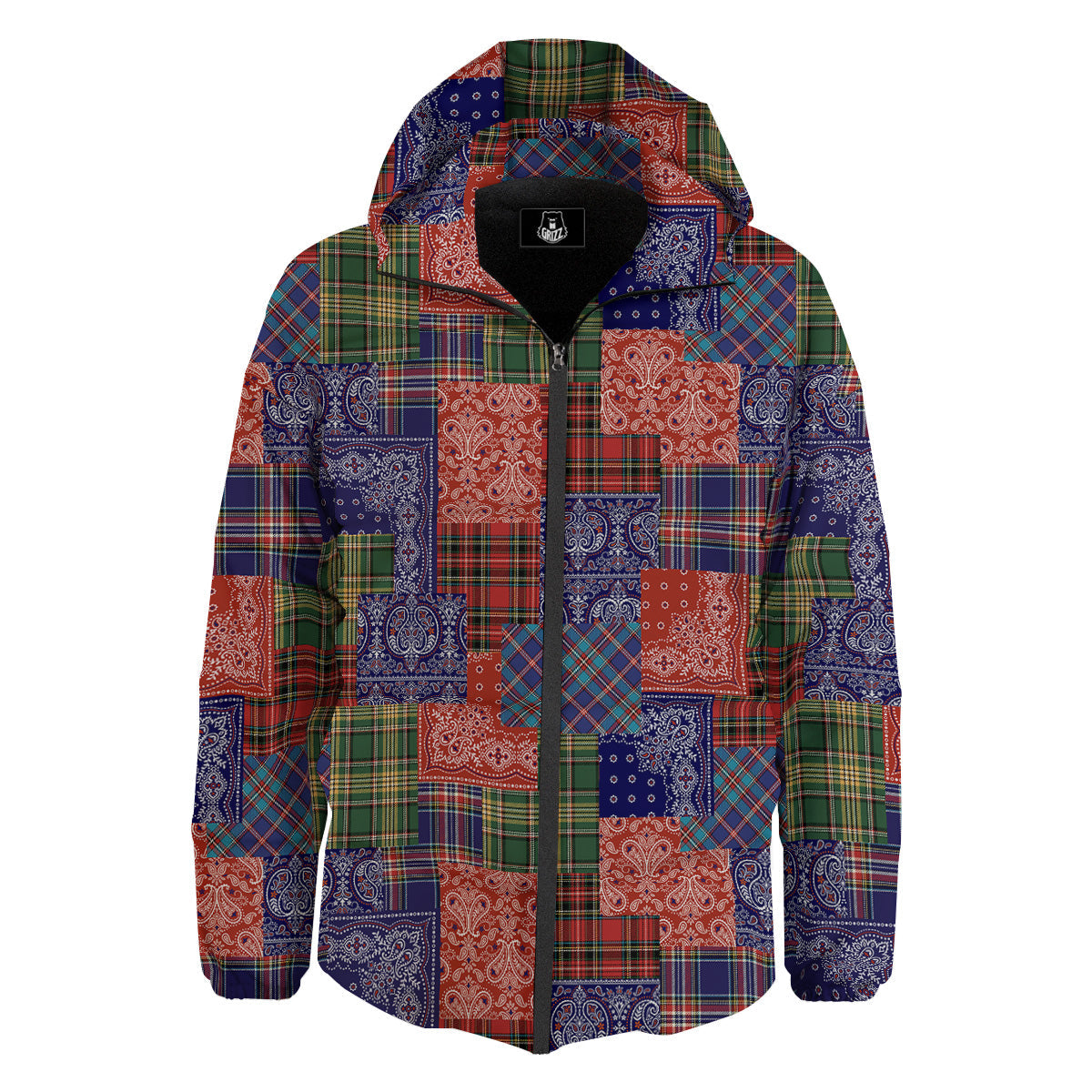 Patchwork Tartan And Bandana Print Pattern Down Jacket-grizzshop