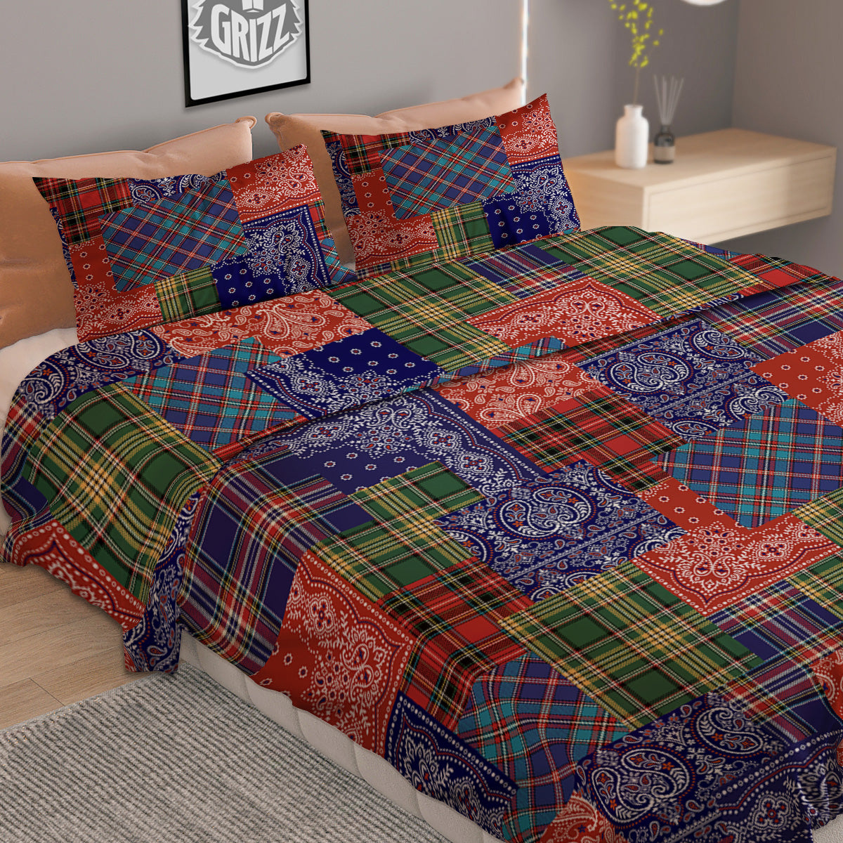 Patchwork Tartan And Bandana Print Pattern Duvet Cover Bedding Set