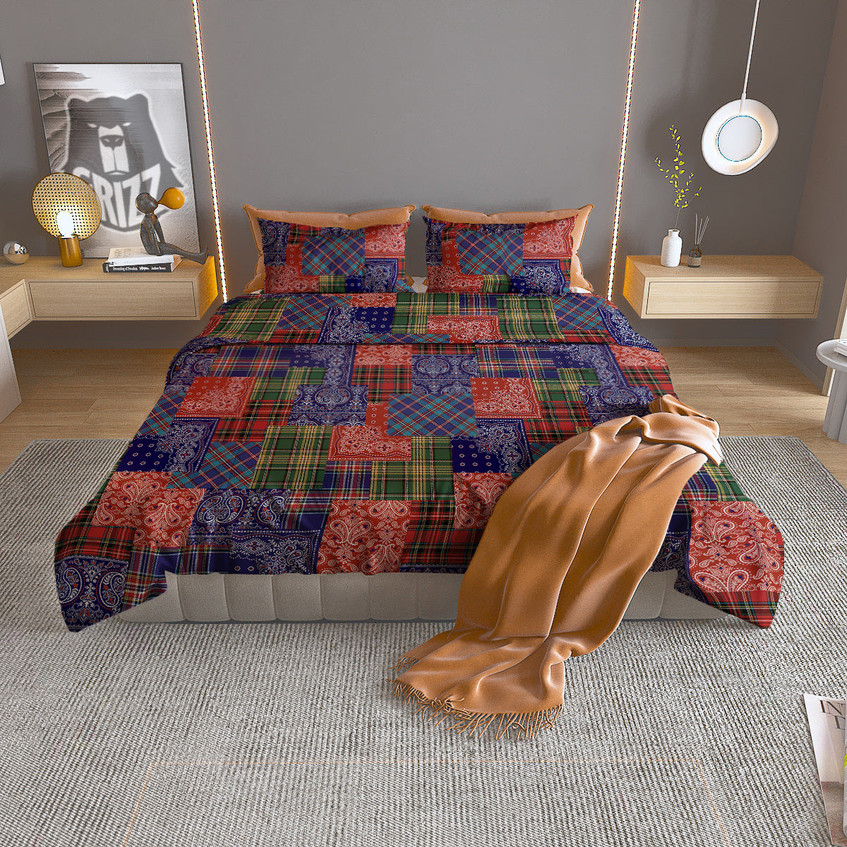 Patchwork Tartan And Bandana Print Pattern Duvet Cover Bedding Set