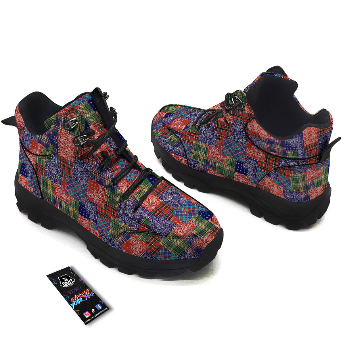 Patchwork Tartan And Bandana Print Pattern Hiking Shoes-grizzshop