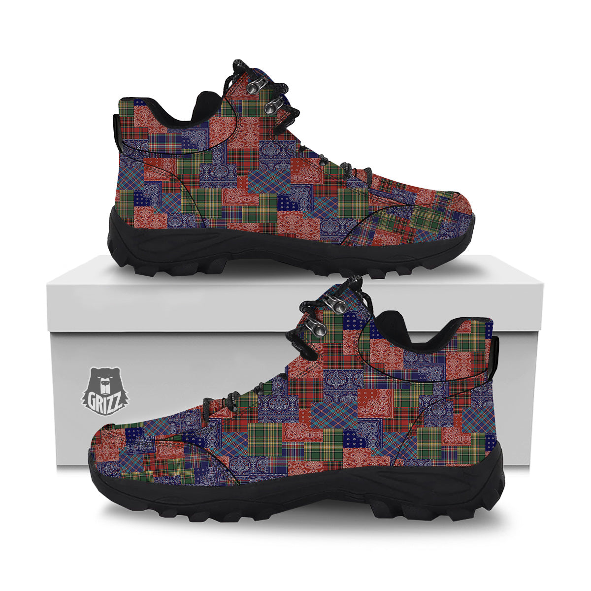 Patchwork Tartan And Bandana Print Pattern Hiking Shoes-grizzshop