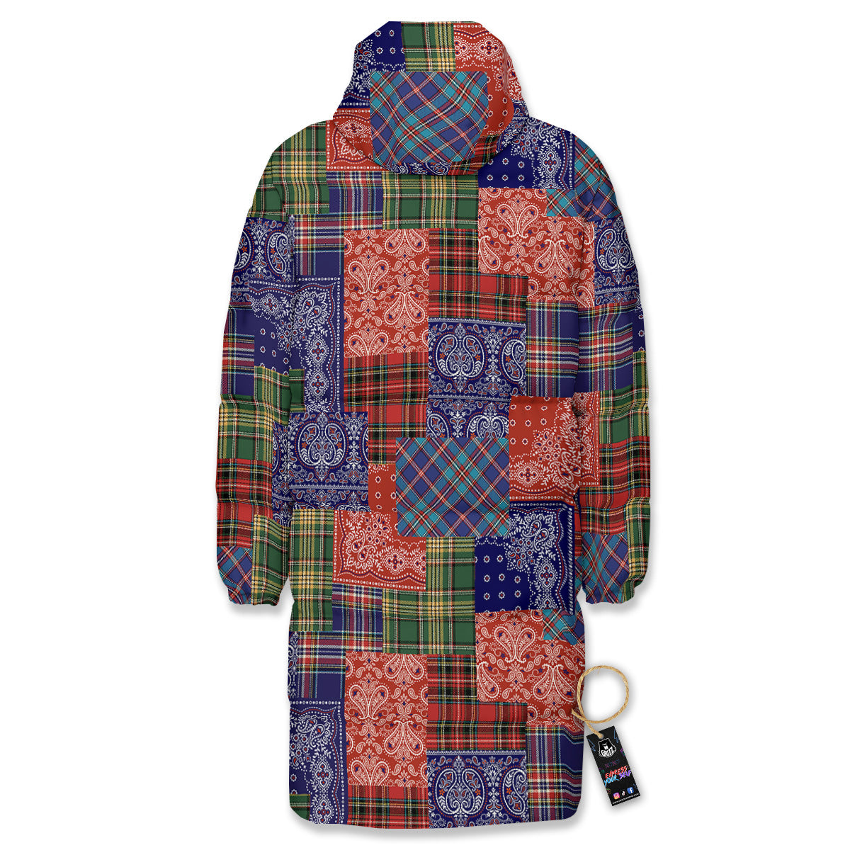 Patchwork Tartan And Bandana Print Pattern Long Down Jacket-grizzshop