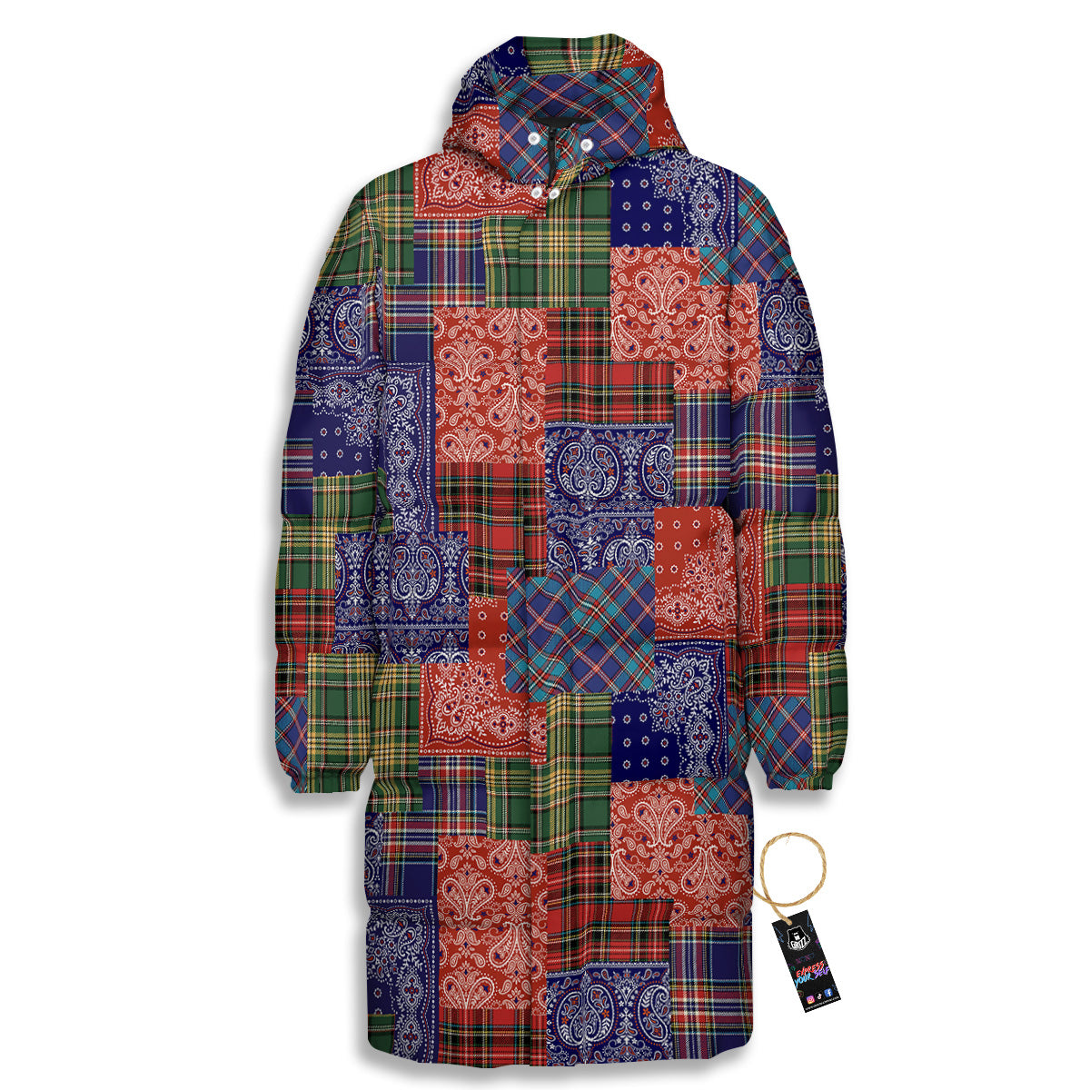 Patchwork Tartan And Bandana Print Pattern Long Down Jacket-grizzshop