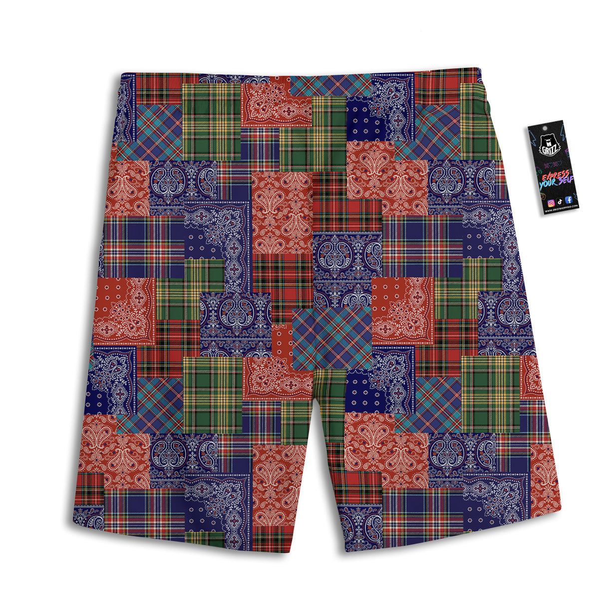 Patchwork Tartan And Bandana Print Pattern Men's Athletic Shorts