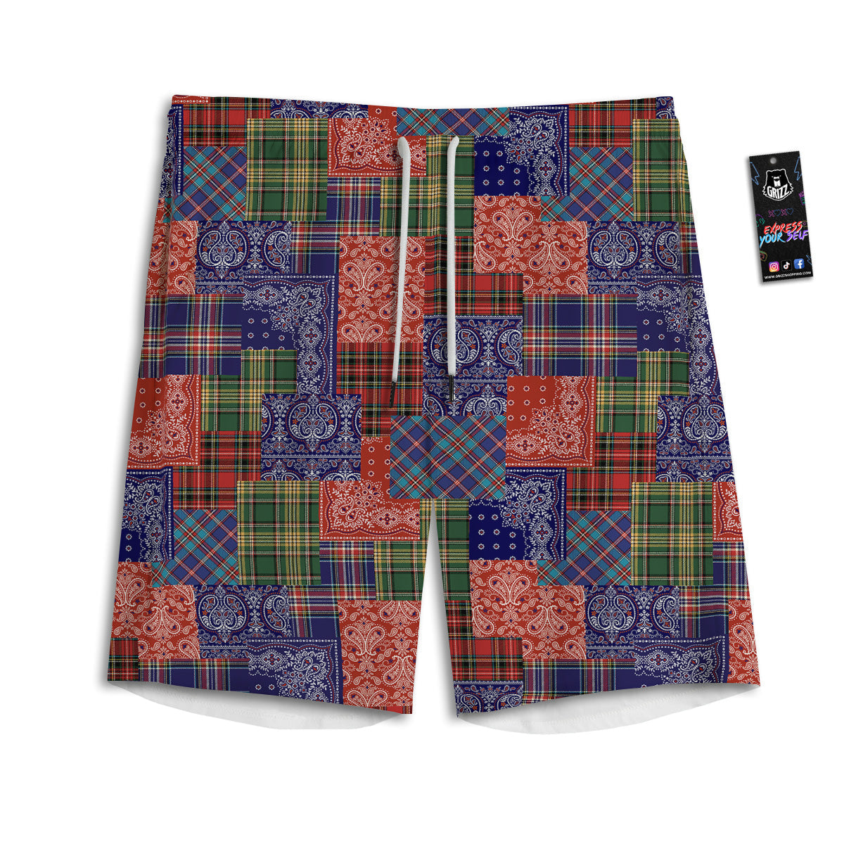 Patchwork Tartan And Bandana Print Pattern Men's Athletic Shorts