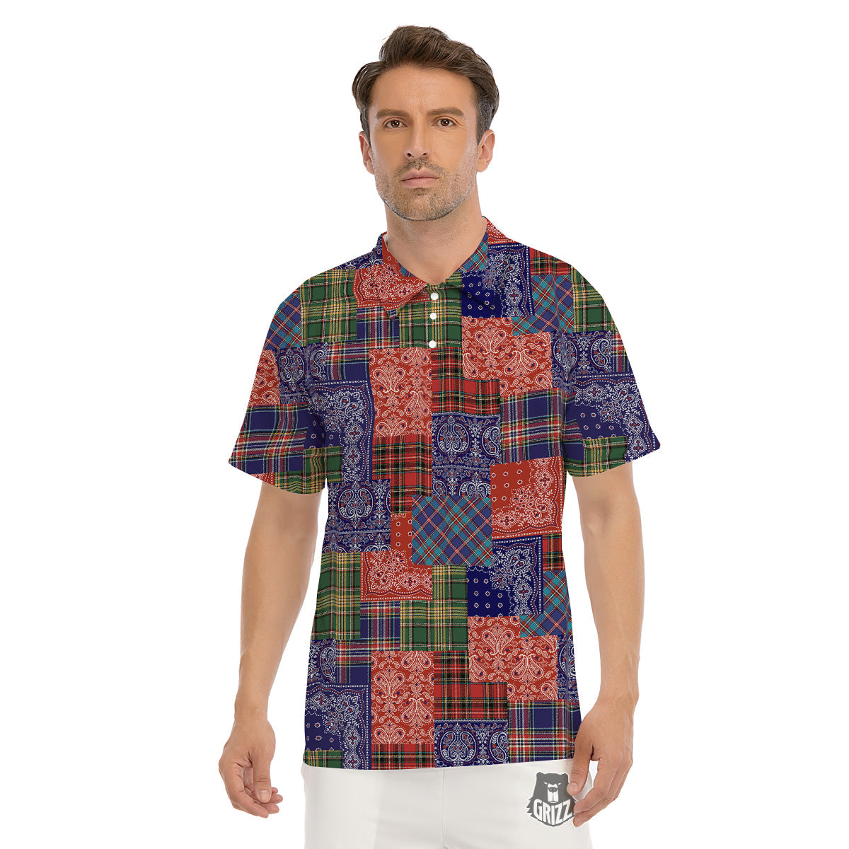 Patchwork Tartan And Bandana Print Pattern Men's Golf Shirts-grizzshop