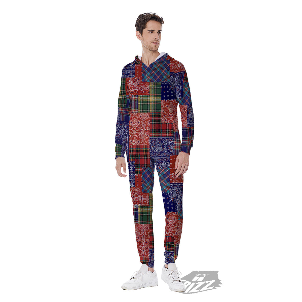 Patchwork Tartan And Bandana Print Pattern Men's Jumpsuit-grizzshop