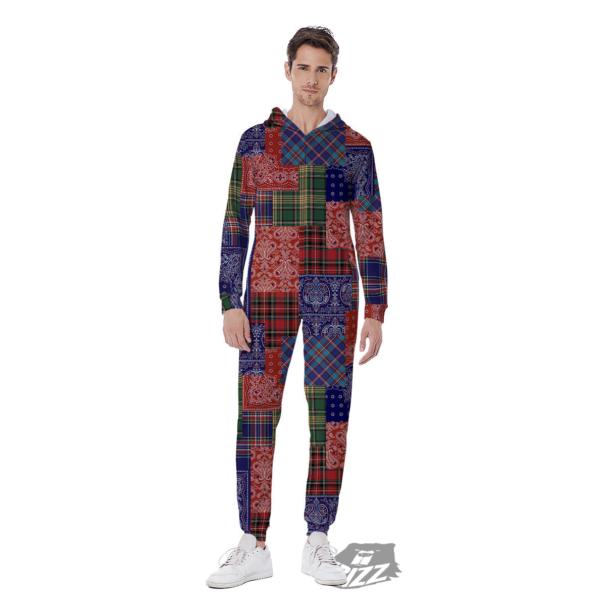Patchwork Tartan And Bandana Print Pattern Men's Jumpsuit-grizzshop