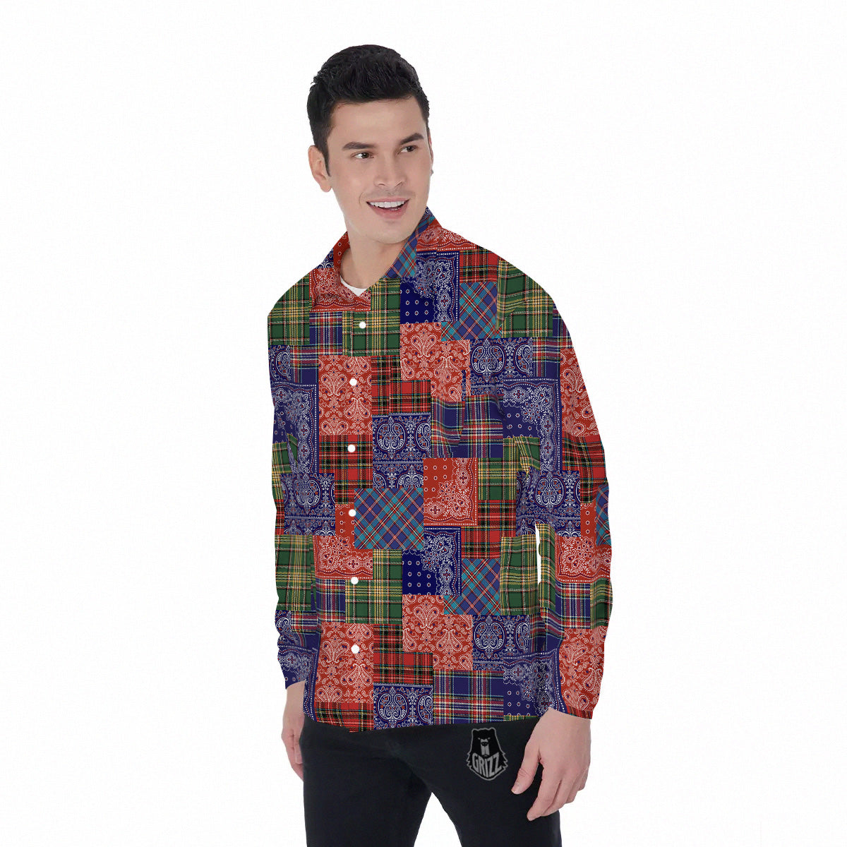 Patchwork Tartan And Bandana Print Pattern Men's Long Sleeve Shirts-grizzshop