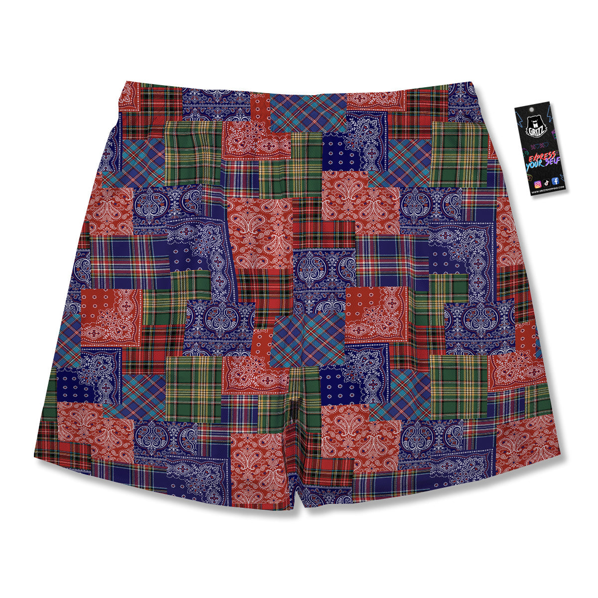 Patchwork Tartan And Bandana Print Pattern Men's Running Shorts-grizzshop