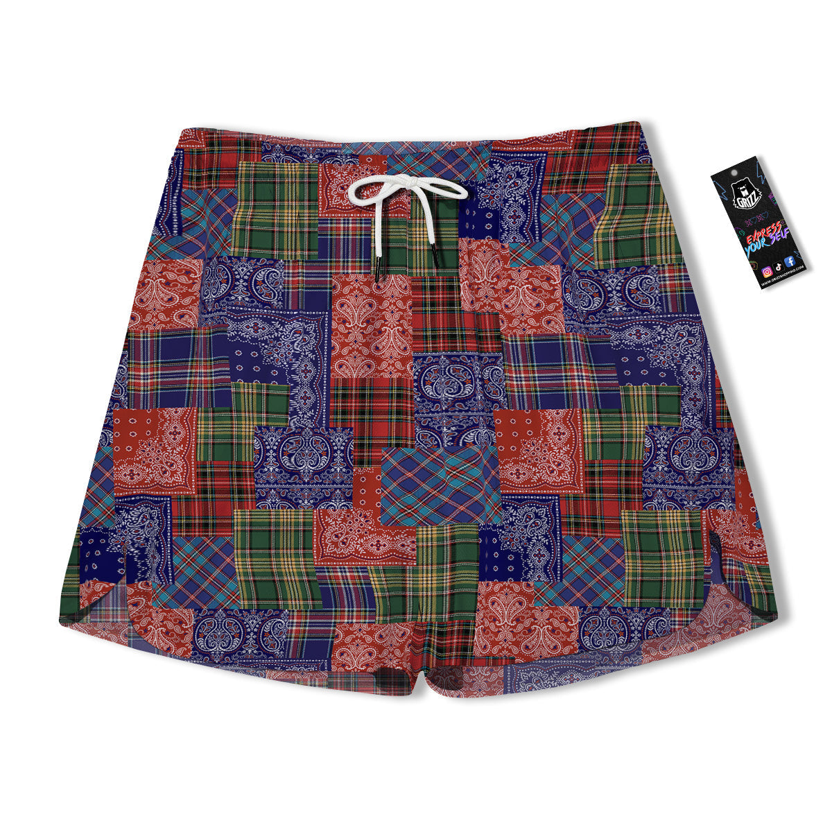 Patchwork Tartan And Bandana Print Pattern Men's Running Shorts-grizzshop