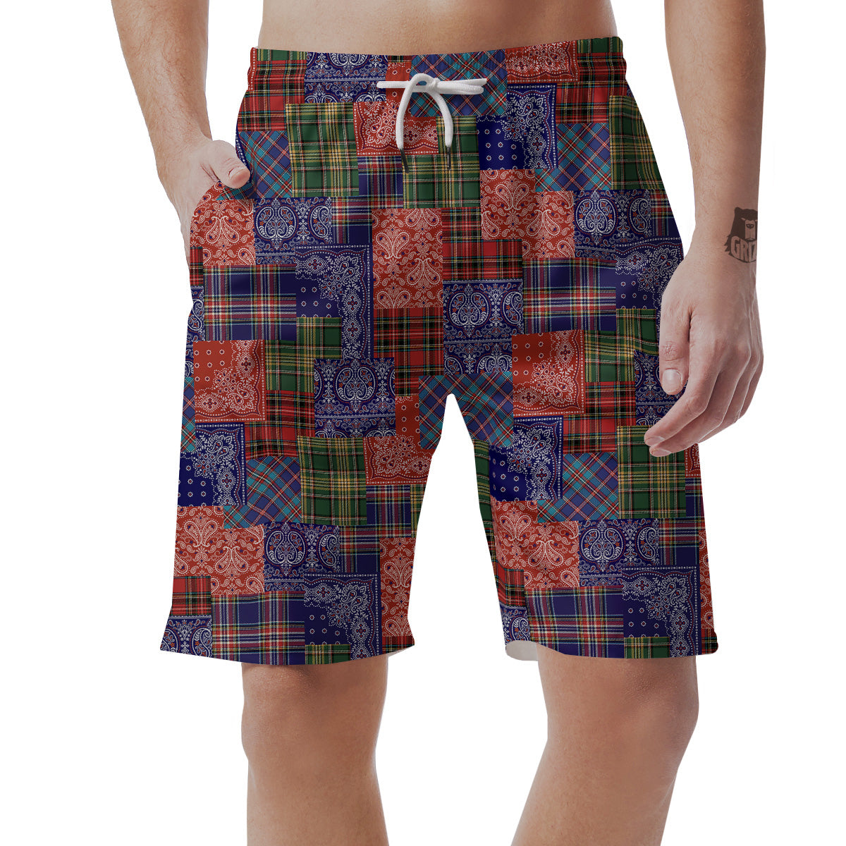 Patchwork Tartan And Bandana Print Pattern Men's Shorts-grizzshop