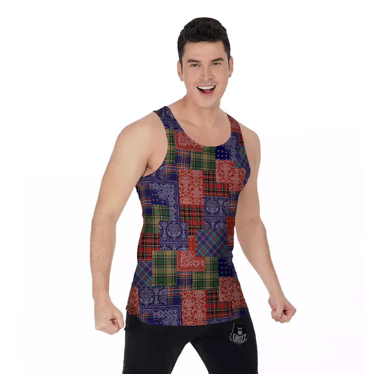 Patchwork Tartan And Bandana Print Pattern Men's Tank Top-grizzshop