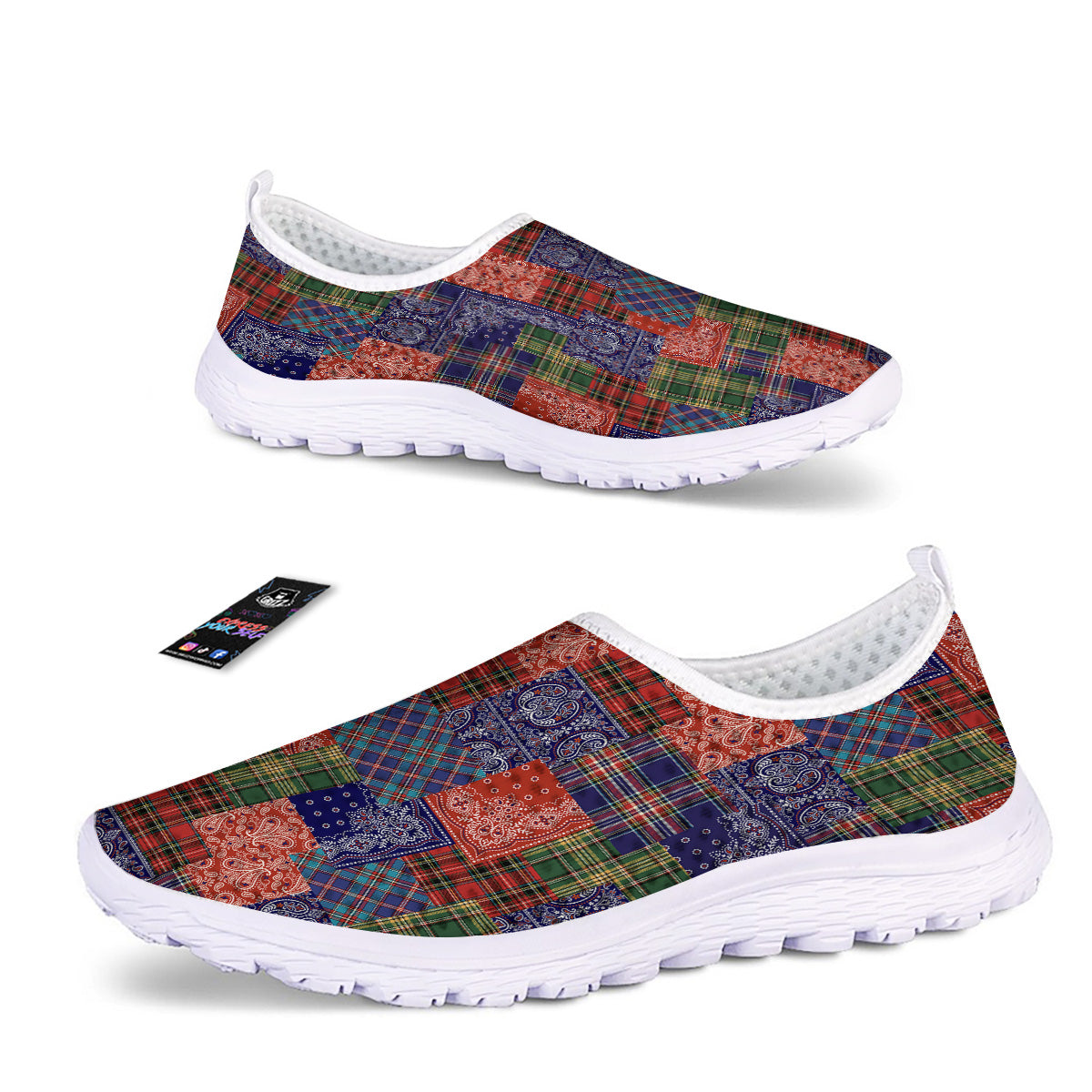 Patchwork Tartan And Bandana Print Pattern Nurse Shoes-grizzshop