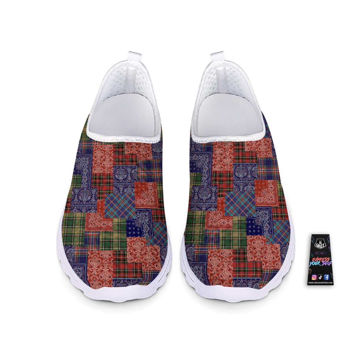 Patchwork Tartan And Bandana Print Pattern Nurse Shoes-grizzshop