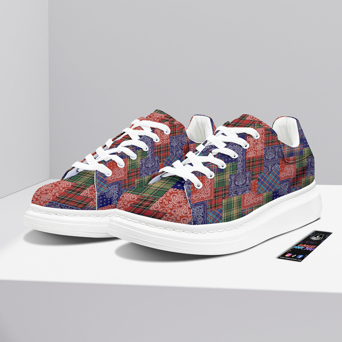 Patchwork Tartan And Bandana Print Pattern Platform Shoes-grizzshop