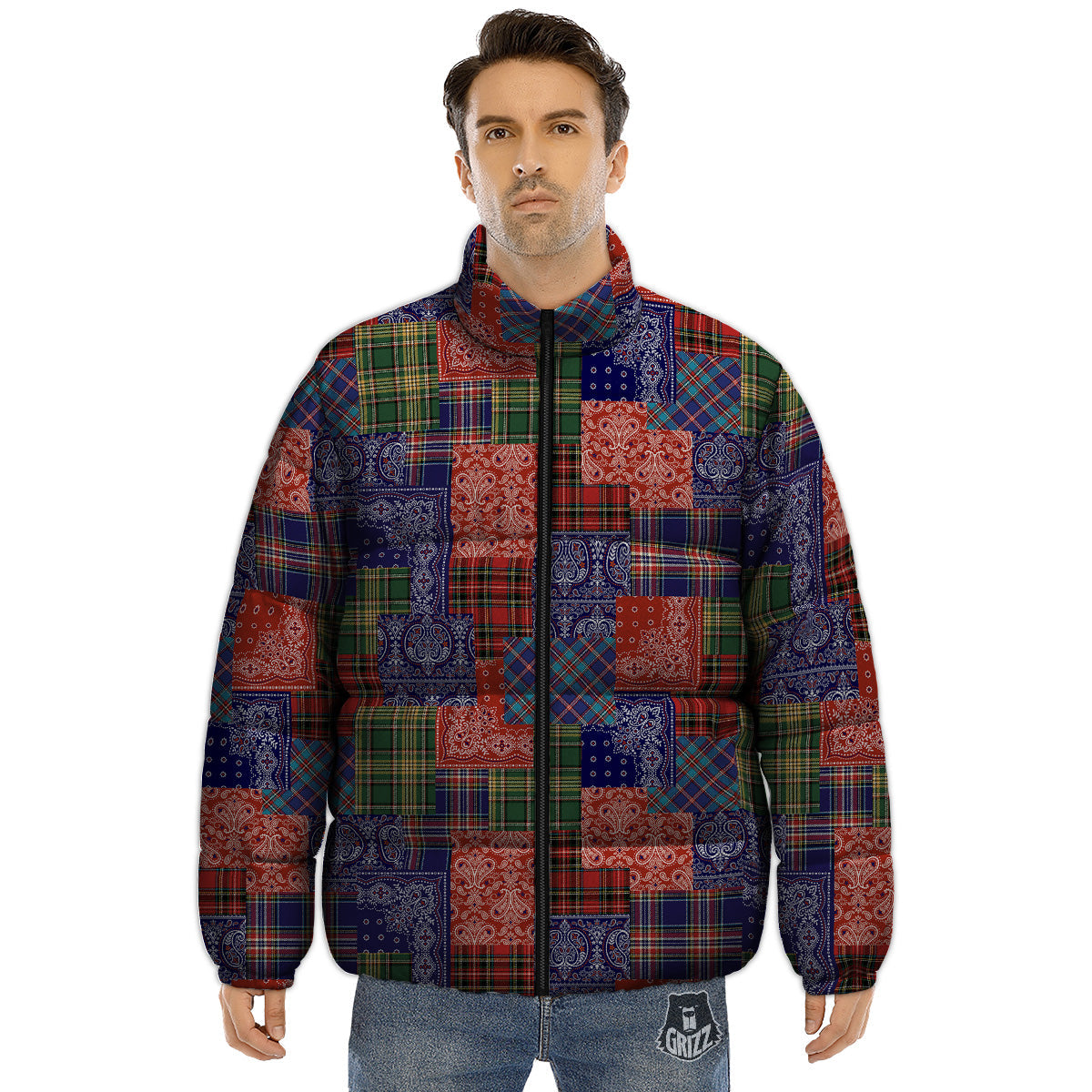 Patchwork Tartan And Bandana Print Pattern Puffer Jacket-grizzshop