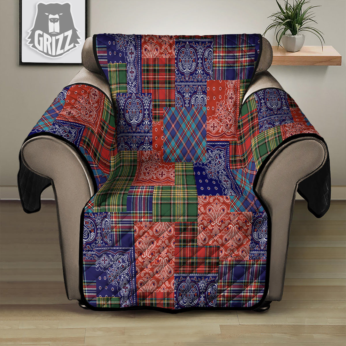 Patchwork Tartan And Bandana Print Pattern Recliner Protector-grizzshop