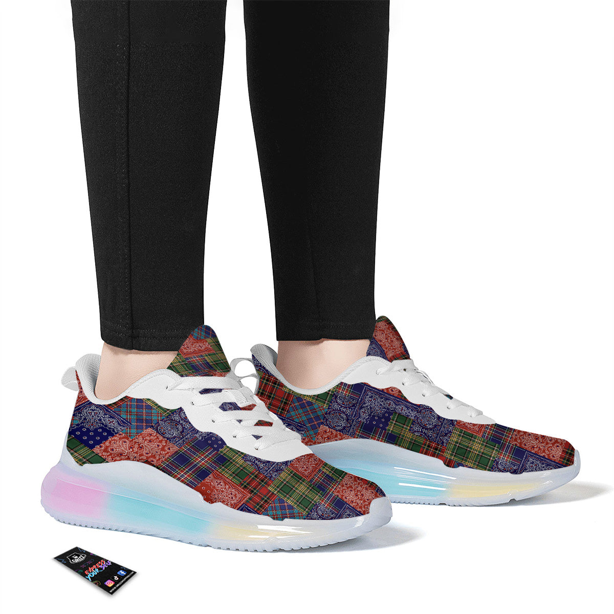 Patchwork Tartan And Bandana Print Pattern Running Sneakers-grizzshop
