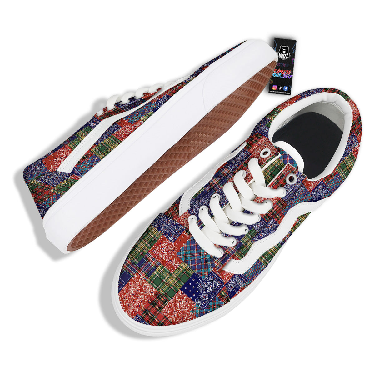 Patchwork Tartan And Bandana Print Pattern Skate Shoes-grizzshop