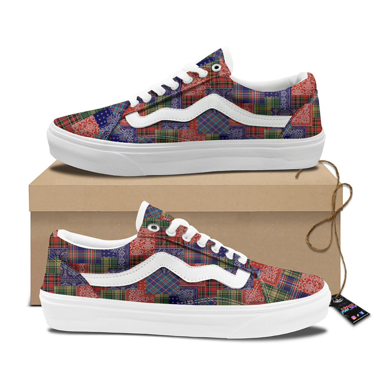 Patchwork Tartan And Bandana Print Pattern Skate Shoes-grizzshop