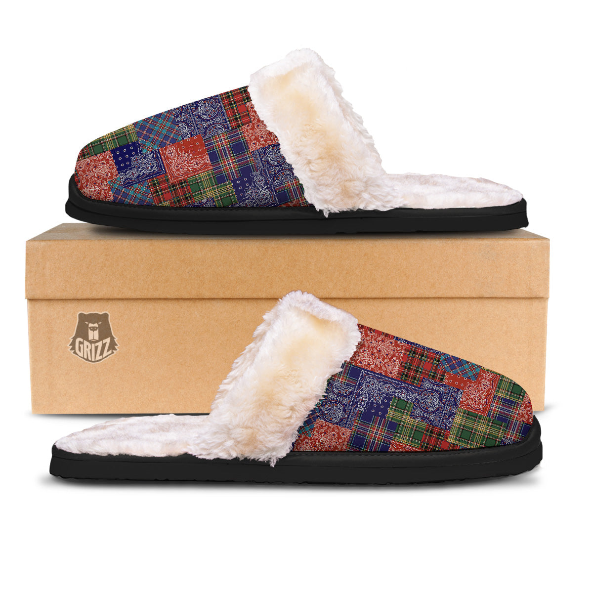 Patchwork Tartan And Bandana Print Pattern Slippers-grizzshop