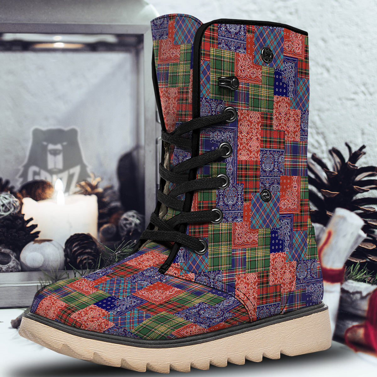 Patchwork Tartan And Bandana Print Pattern Snow Boots-grizzshop