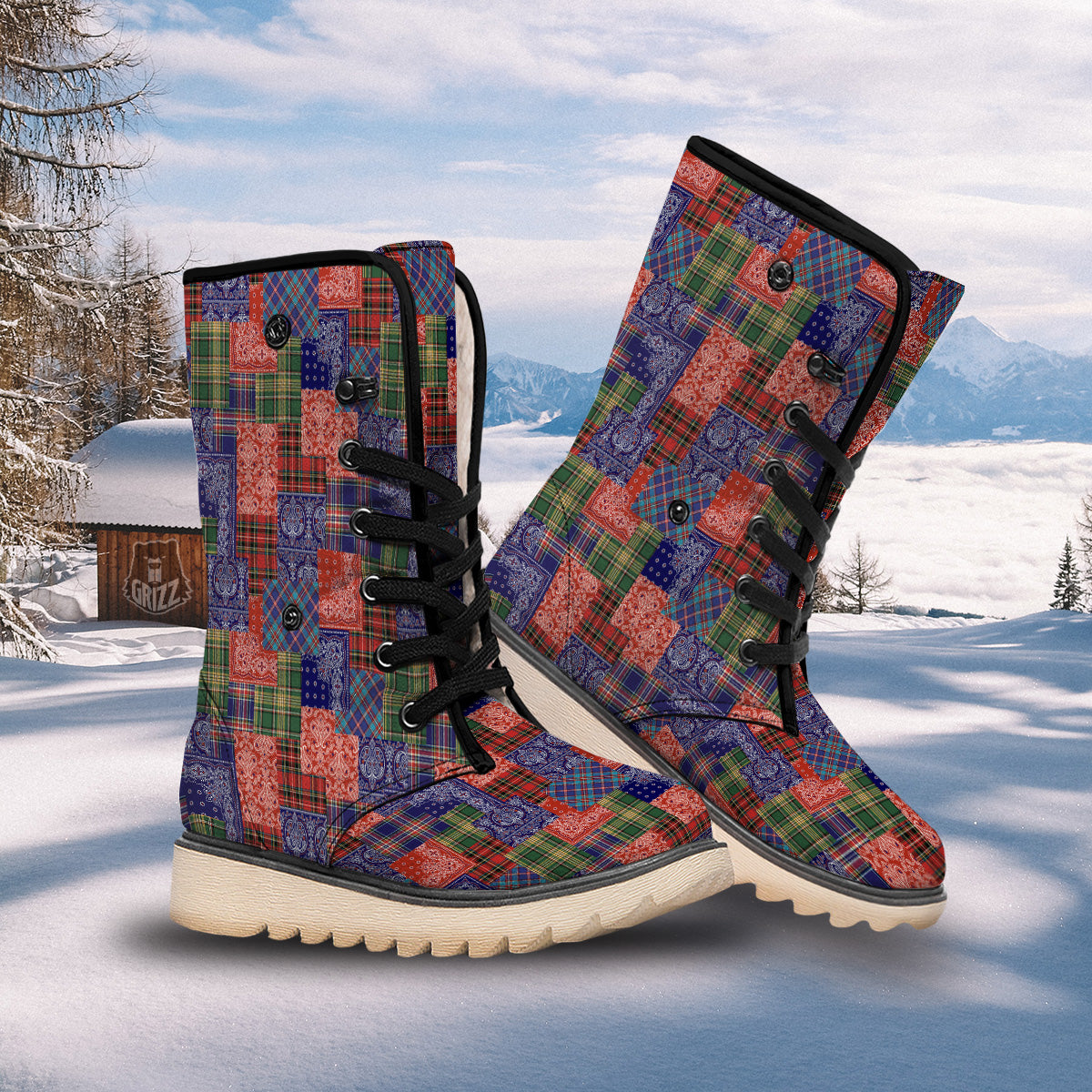 Patchwork Tartan And Bandana Print Pattern Snow Boots-grizzshop