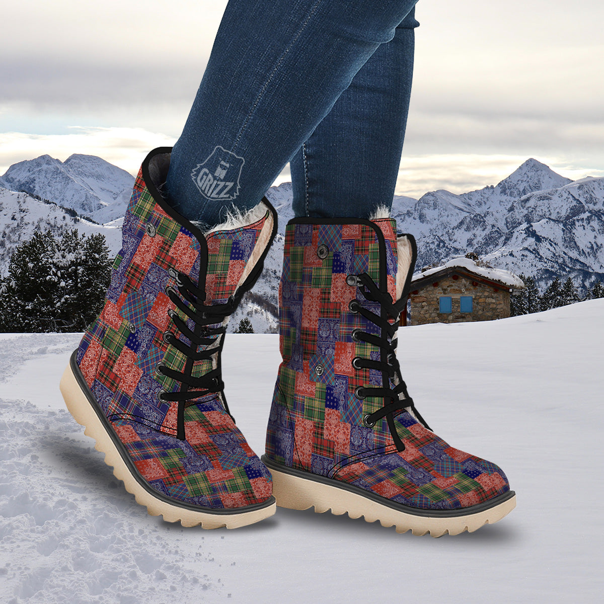 Patchwork Tartan And Bandana Print Pattern Snow Boots-grizzshop