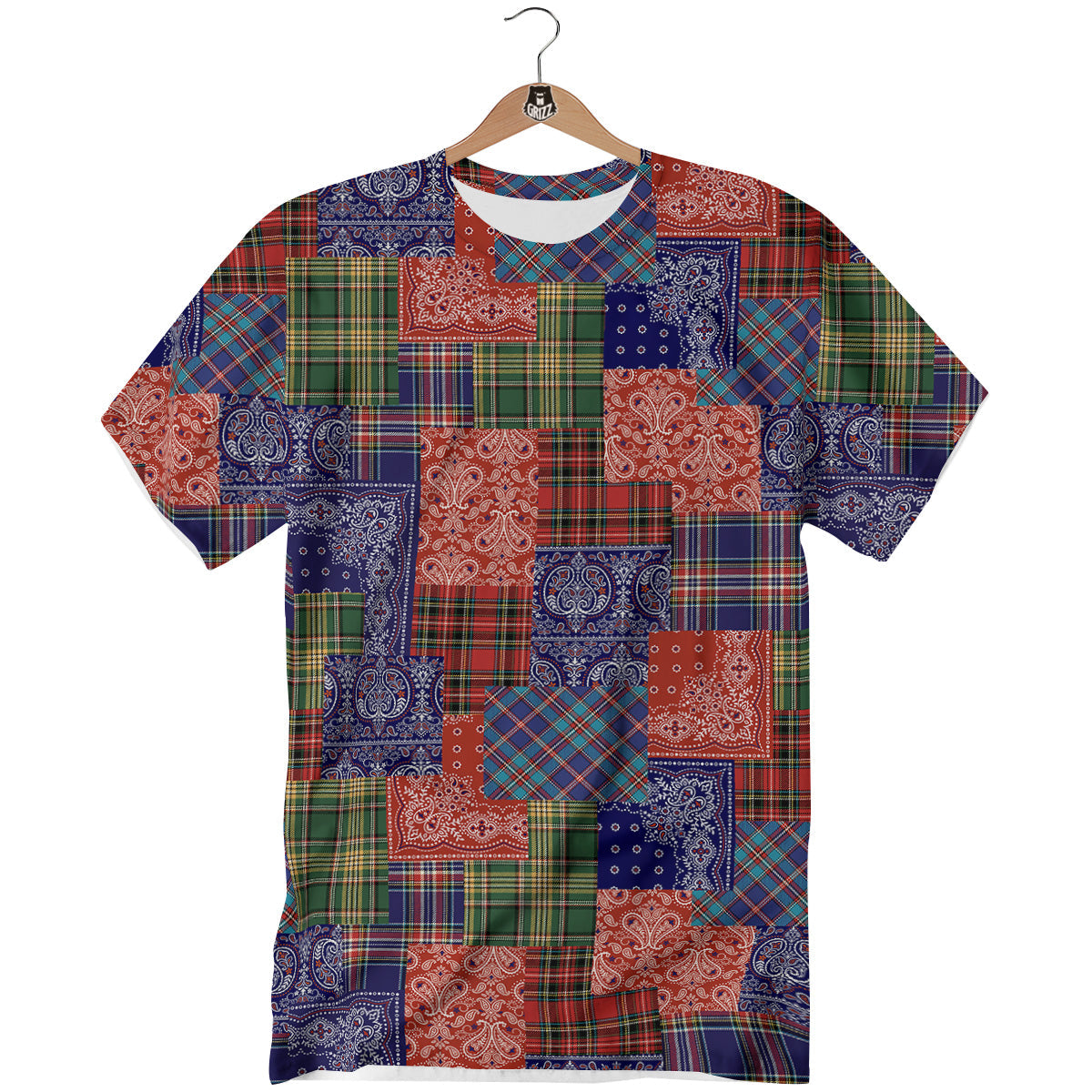 Patchwork Tartan And Bandana Print Pattern T-Shirt-grizzshop