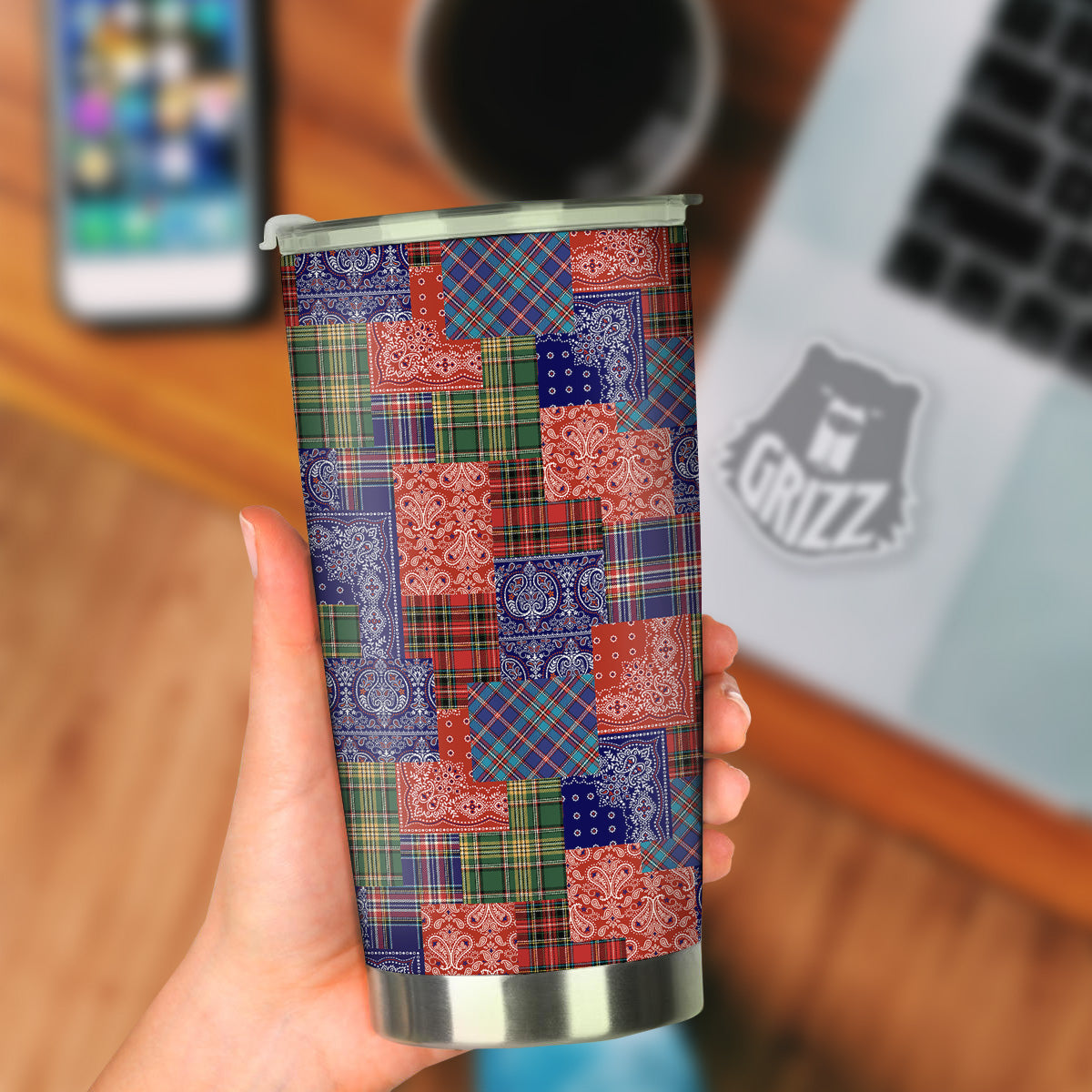 Patchwork Tartan And Bandana Print Pattern Tumbler-grizzshop