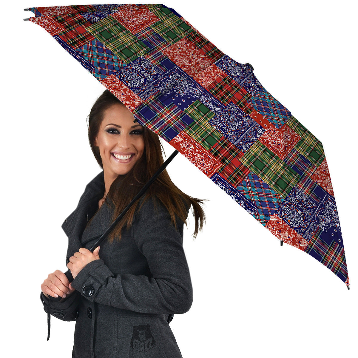 Patchwork Tartan And Bandana Print Pattern Umbrella-grizzshop