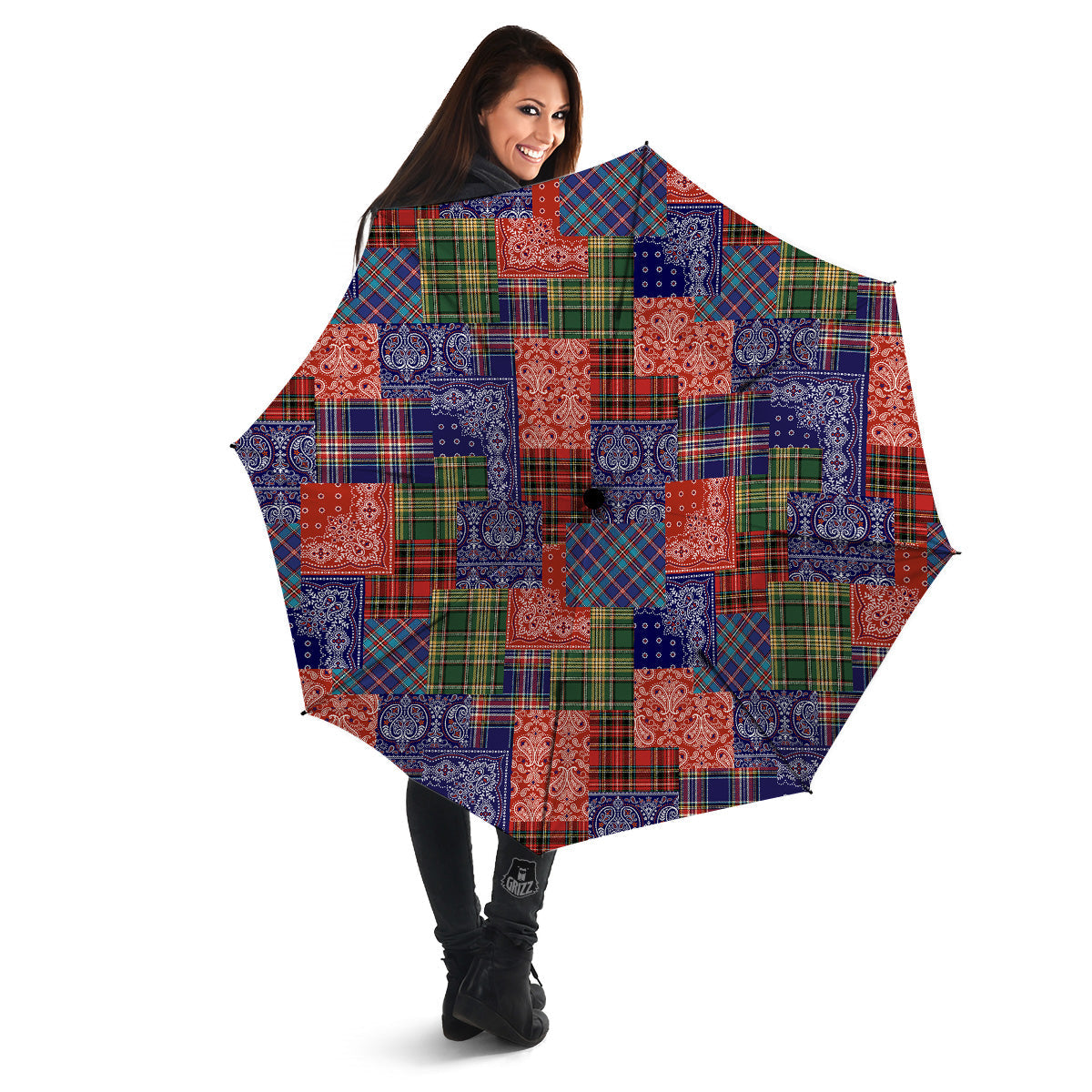 Patchwork Tartan And Bandana Print Pattern Umbrella-grizzshop