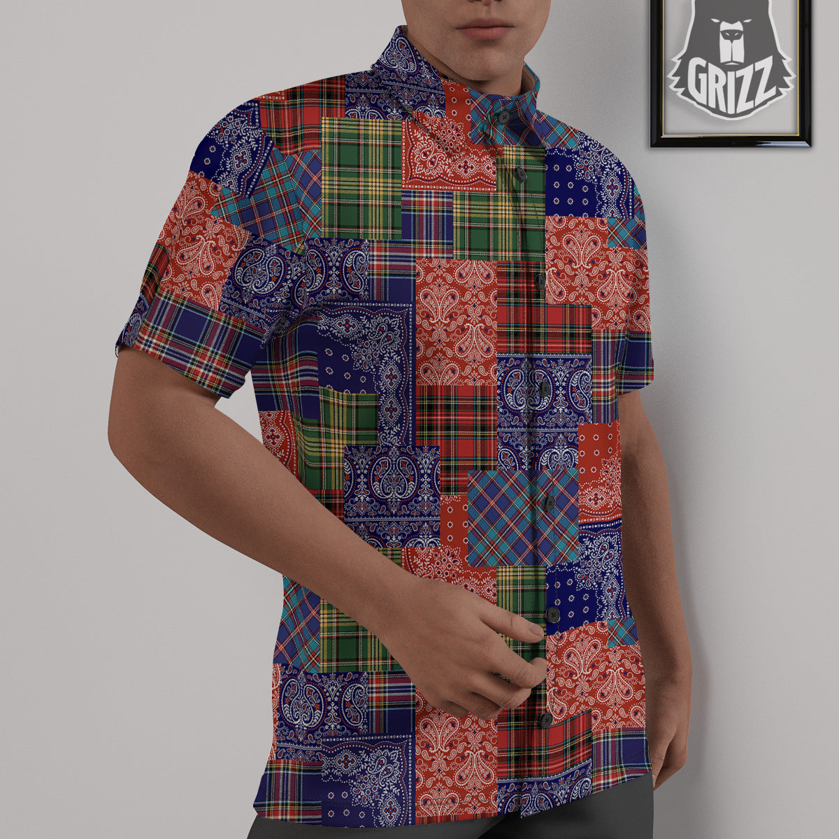 Patchwork Tartan And Bandana Print Pattern Untucked Shirts-grizzshop