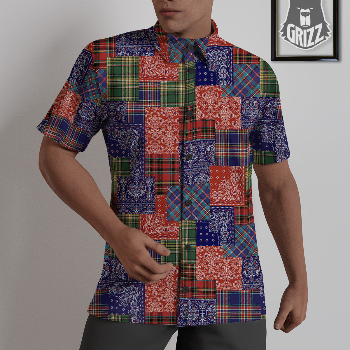 Patchwork Tartan And Bandana Print Pattern Untucked Shirts-grizzshop