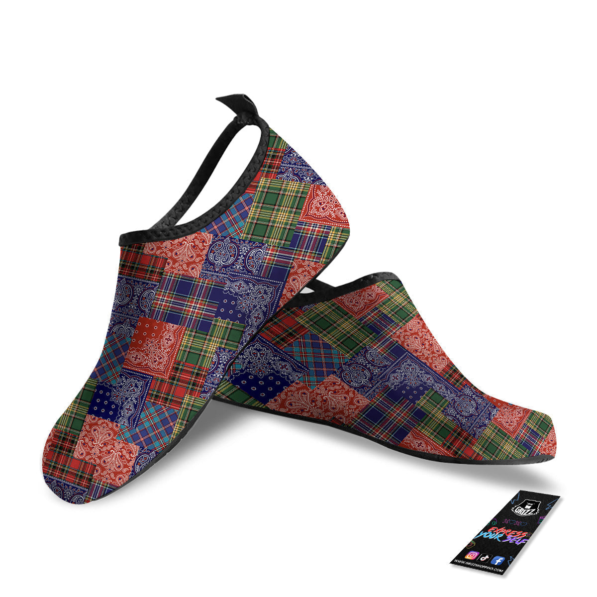 Patchwork Tartan And Bandana Print Pattern Water Shoes-grizzshop
