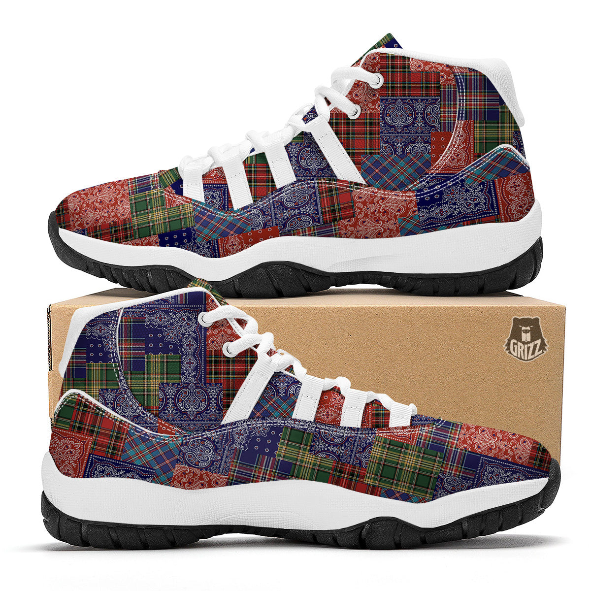 Patchwork Tartan And Bandana Print Pattern White Bball Shoes-grizzshop