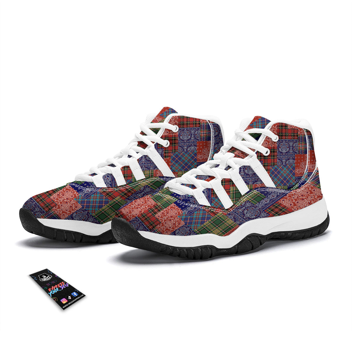 Patchwork Tartan And Bandana Print Pattern White Bball Shoes-grizzshop