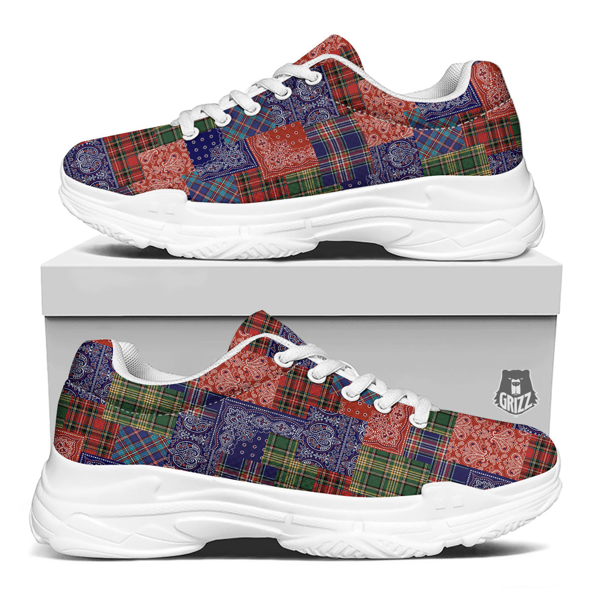 Patchwork Tartan And Bandana Print Pattern White Chunky Shoes-grizzshop